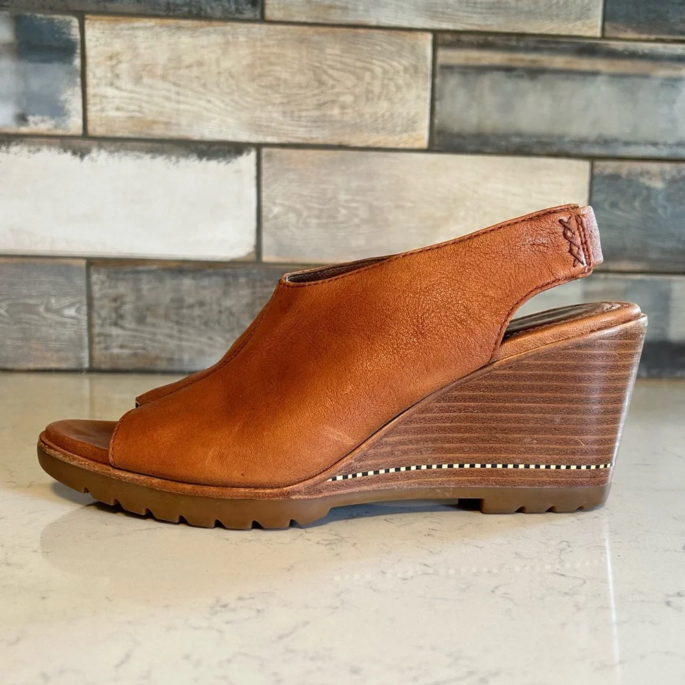 Sorel Nadia Camel Brown Leather Slingbacks Wedge Heeled Sandals - Picture 2 of 16